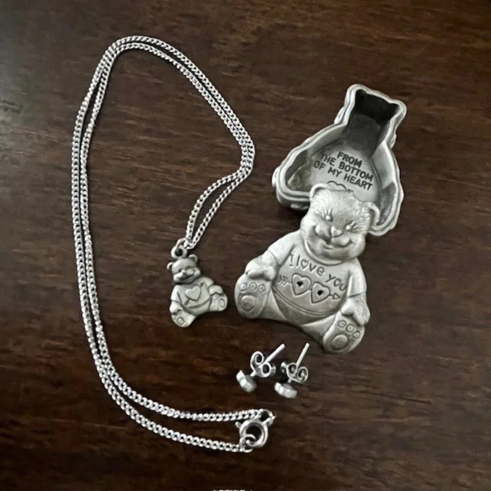 Vintage Pewter Jewlery Set Bear Trinket Box Earrings Necklace Brooch Pin Child